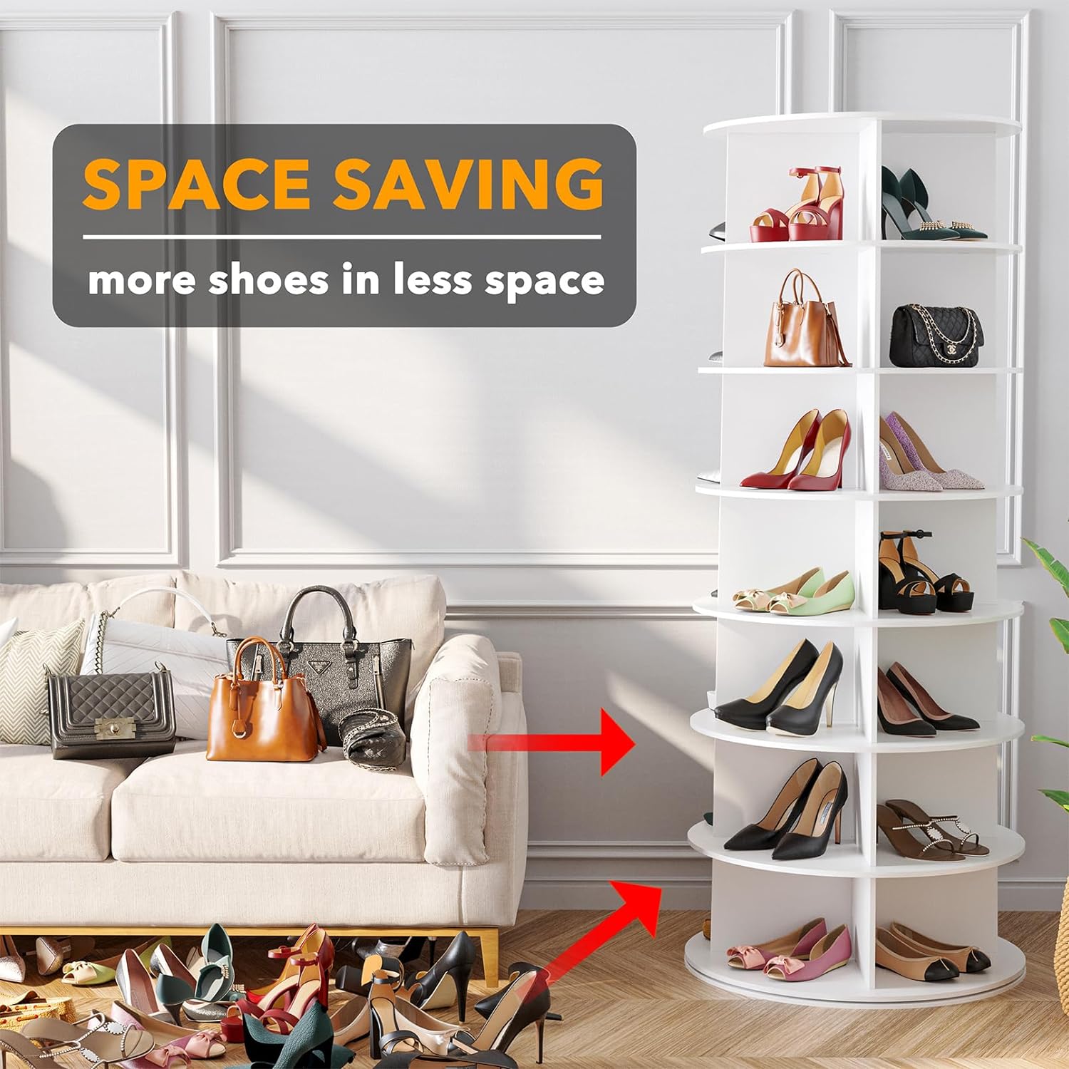 SpaceAid Torre rotante ✨ a 7 ripiani per scarpe - Organizer bianco a 360°